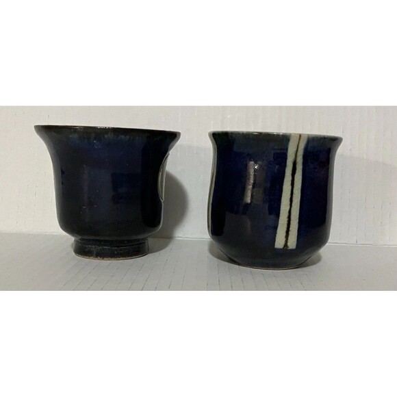 Two VNTG STONEWARE COBALT BLUE coffee MUGS VINTAGE STUDIO ART POTTERY stamped - Picture 3 of 16